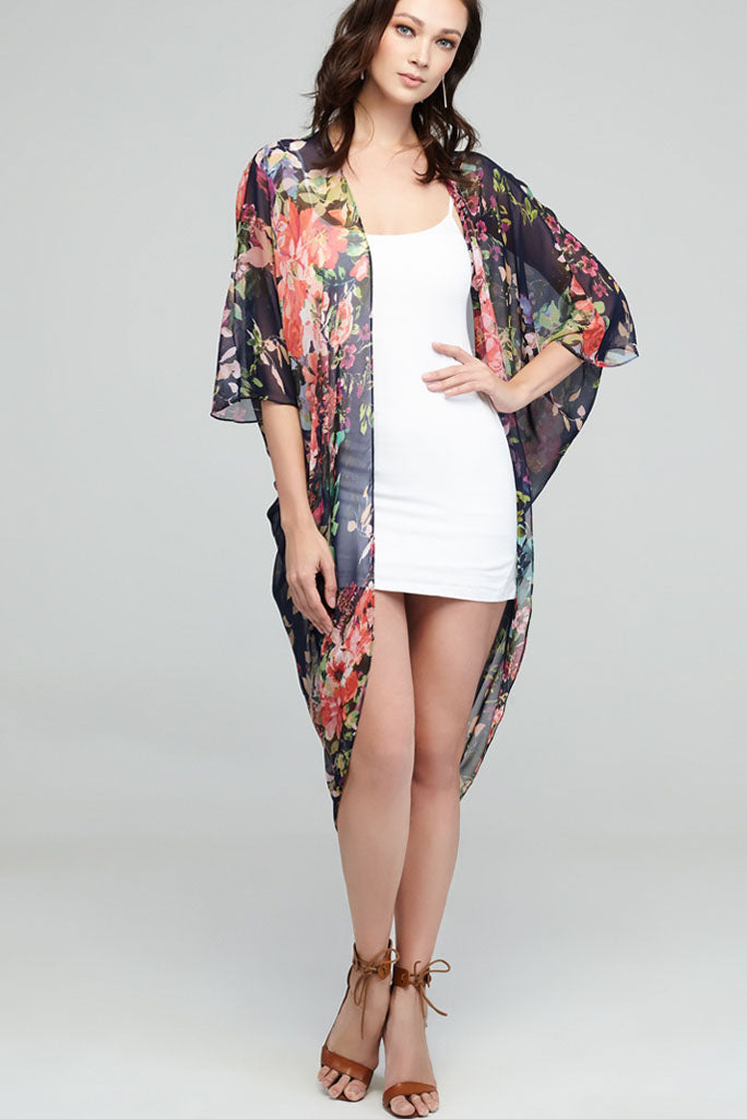 Classic Kimono - Black Chiffon With Floral Prints