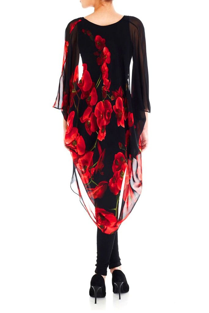 Kimono - Black Chiffon With Red Or Grey Poppy Prints